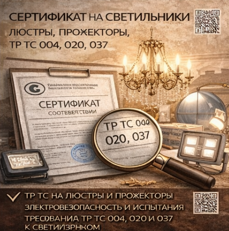 Сертификат на Светильники 2026: Люстры, Прожекторы, ТР ТС 004, 020, 037
