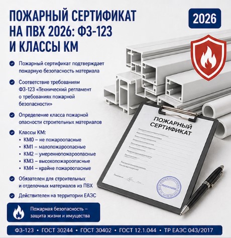 Пожарный сертификат на ПВХ 2026: ФЗ-123 и классы КМ