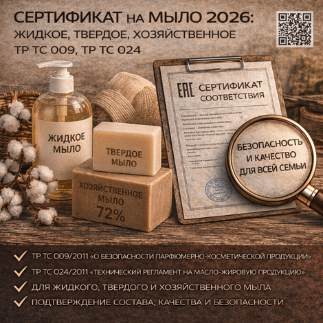 Сертификат на Мыло 2026: Жидкое, Твердое, Хозяйственное, ТР ТС 009, ТР ТС 024