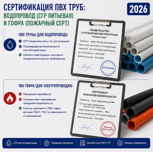 Сертификация ПВХ Труб: Водопровод (СГР Питьвая) и Гофра (Пожарный Серт)