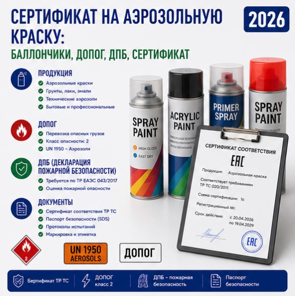 Сертификат на Аэрозольную Краску: Баллончики, ДОПОГ, ДПБ, Сертификат